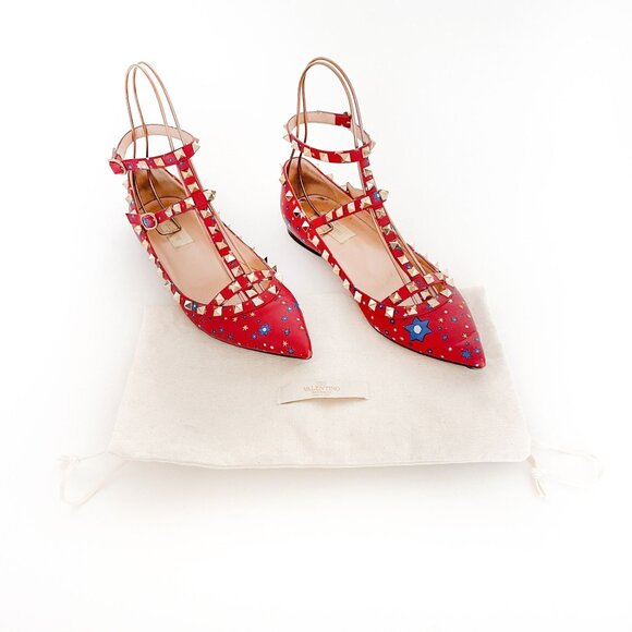 Valentino Garavani Rockstud Caged Flats EU 37.5 US 7.5 Red Stars Studded Ballet - Picture 1 of 13
